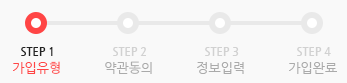 STEP 1 가입유형>STEP 2 약관동의>STEP 3 정보입력>STEP 4 가입완료